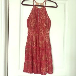 Jodi Kristopher Red Lace Halter Cut Out Mini Dress Size 7